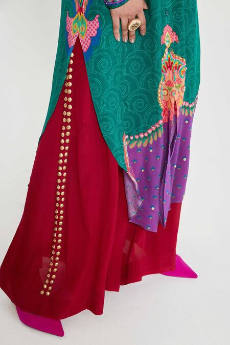 Shop_Siddhartha Bansal_Multi Color Crepe Tassels Collared Paisley Printed Tunic And Palazzo Set _Online_at_Aza_Fashions