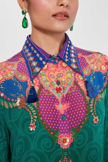Buy_Siddhartha Bansal_Multi Color Crepe Tassels Collared Paisley Printed Tunic And Palazzo Set 