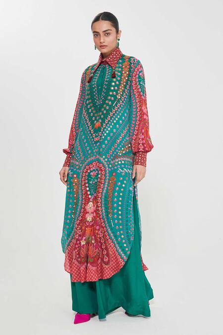 Buy_Siddhartha Bansal_Multi Color Crepe Tassels Collared Paisley Printed Tunic And Palazzo Set _Online_at_Aza_Fashions