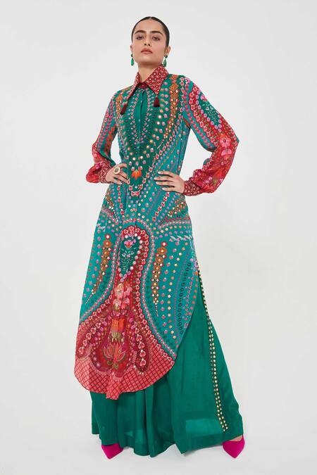 Shop_Siddhartha Bansal_Multi Color Crepe Tassels Collared Paisley Printed Tunic And Palazzo Set _Online_at_Aza_Fashions