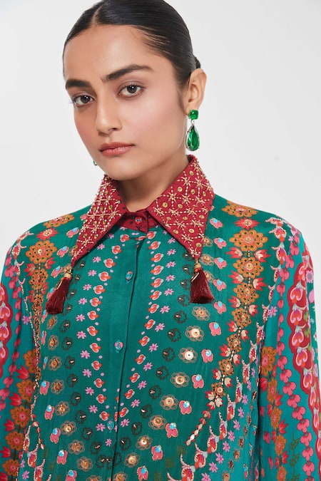 Siddhartha Bansal_Multi Color Crepe Tassels Collared Paisley Printed Tunic And Palazzo Set _at_Aza_Fashions
