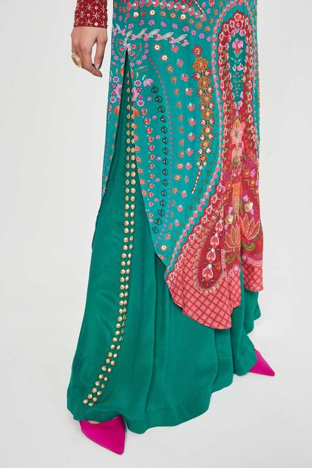 Buy_Siddhartha Bansal_Multi Color Crepe Tassels Collared Paisley Printed Tunic And Palazzo Set 