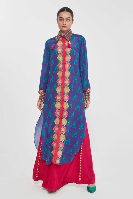 Buy_Siddhartha Bansal_Blue Crepe Embroidery Collared Paisley Printed Tunic And Palazzo Set _Online_at_Aza_Fashions