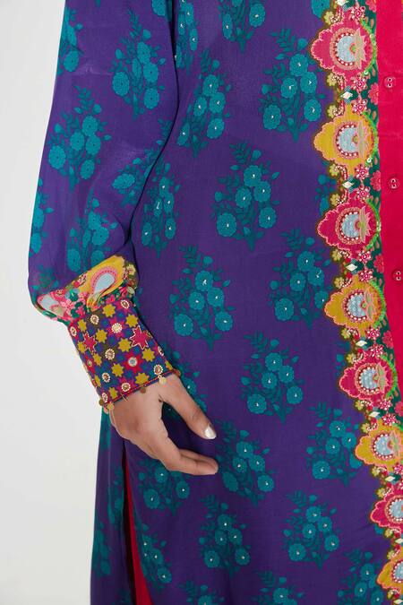 Shop_Siddhartha Bansal_Blue Crepe Embroidery Collared Paisley Printed Tunic And Palazzo Set _Online_at_Aza_Fashions