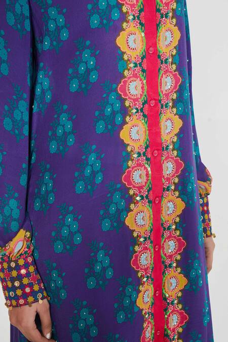Siddhartha Bansal_Blue Crepe Embroidery Collared Paisley Printed Tunic And Palazzo Set _at_Aza_Fashions