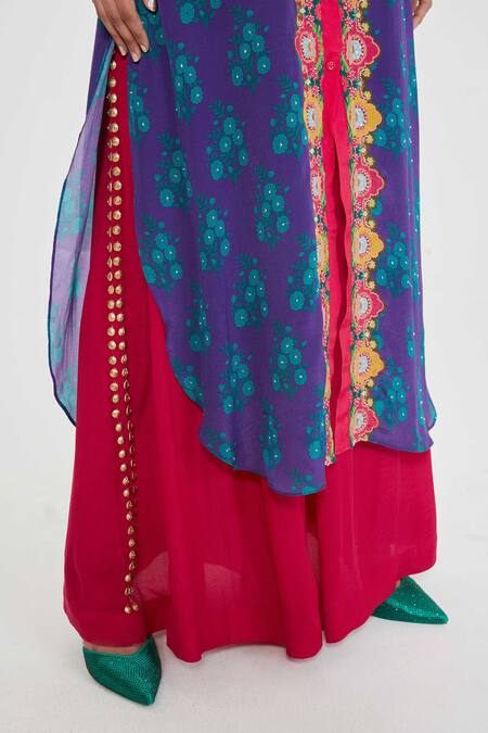 Buy_Siddhartha Bansal_Blue Crepe Embroidery Collared Paisley Printed Tunic And Palazzo Set 