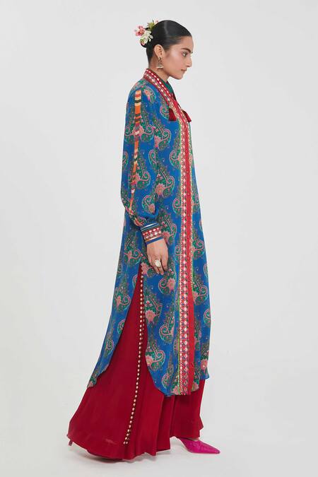 Siddhartha Bansal_Blue Crepe Tassels, Embroidery Collared Paisley Printed Tunic And Palazzo Set _Online_at_Aza_Fashions