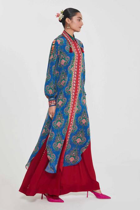 Buy_Siddhartha Bansal_Blue Crepe Tassels, Embroidery Collared Paisley Printed Tunic And Palazzo Set _Online_at_Aza_Fashions