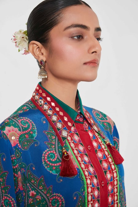 Shop_Siddhartha Bansal_Blue Crepe Tassels, Embroidery Collared Paisley Printed Tunic And Palazzo Set _Online_at_Aza_Fashions