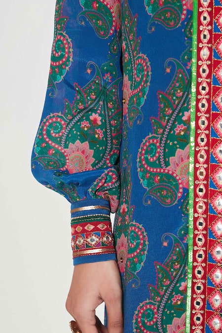 Siddhartha Bansal_Blue Crepe Tassels, Embroidery Collared Paisley Printed Tunic And Palazzo Set _at_Aza_Fashions