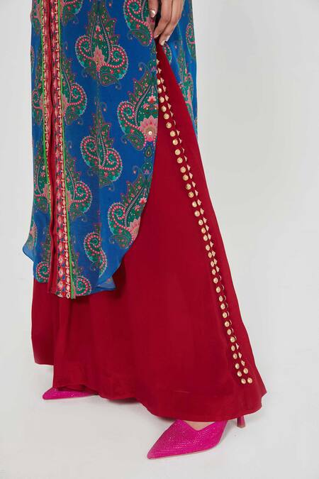 Buy_Siddhartha Bansal_Blue Crepe Tassels, Embroidery Collared Paisley Printed Tunic And Palazzo Set 