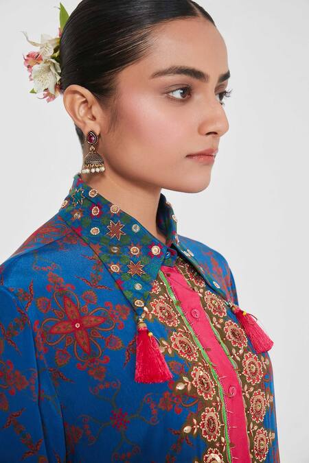Siddhartha Bansal_Blue Crepe Tassels, Embroidery Collared Noor Paisley Printed Tunic And Palazzo Set _Online_at_Aza_Fashions