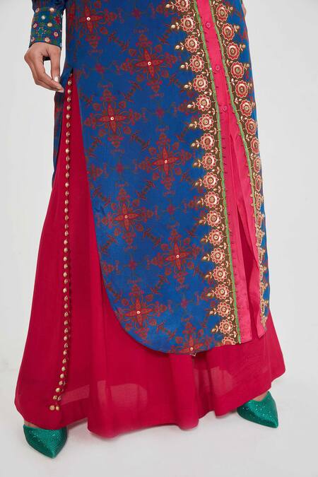 Buy_Siddhartha Bansal_Blue Crepe Tassels, Embroidery Collared Noor Paisley Printed Tunic And Palazzo Set _Online_at_Aza_Fashions