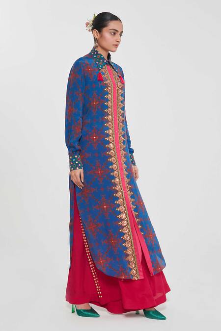 Shop_Siddhartha Bansal_Blue Crepe Tassels, Embroidery Collared Noor Paisley Printed Tunic And Palazzo Set _Online_at_Aza_Fashions