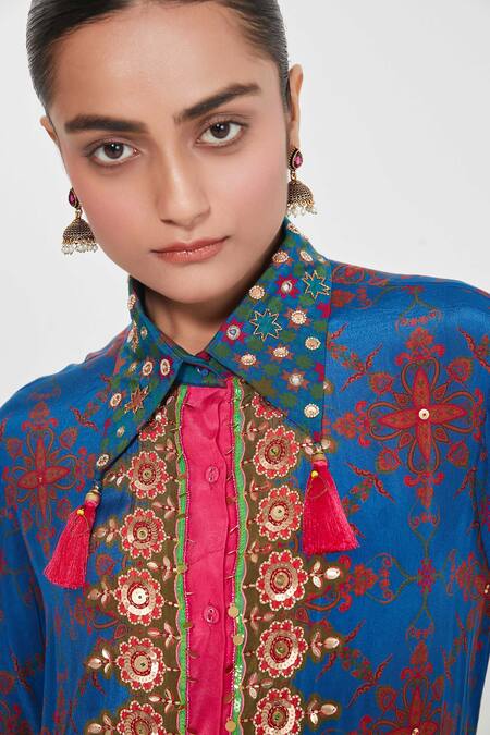 Siddhartha Bansal_Blue Crepe Tassels, Embroidery Collared Noor Paisley Printed Tunic And Palazzo Set _at_Aza_Fashions