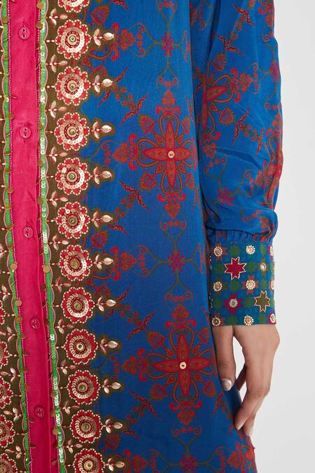 Buy_Siddhartha Bansal_Blue Crepe Tassels, Embroidery Collared Noor Paisley Printed Tunic And Palazzo Set 