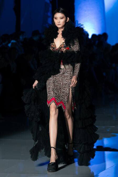 MR. Ajay Kumar_Black Net Plunge Neck Leopard Pattern Cut-out Slit Dress _Online_at_Aza_Fashions