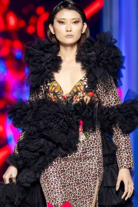 Buy_MR. Ajay Kumar_Black Net Plunge Neck Leopard Pattern Cut-out Slit Dress _Online_at_Aza_Fashions