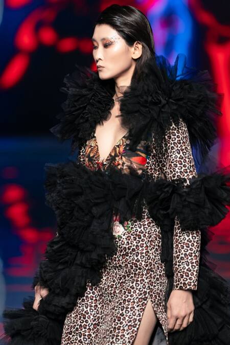 Shop_MR. Ajay Kumar_Black Net Plunge Neck Leopard Pattern Cut-out Slit Dress _Online_at_Aza_Fashions