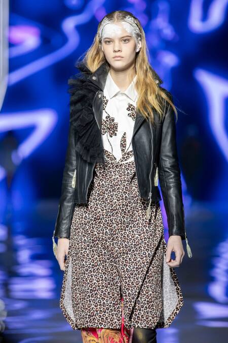 MR. Ajay Kumar_Brown Cotton Collared Leopard Pattern Shirt Dress _Online_at_Aza_Fashions