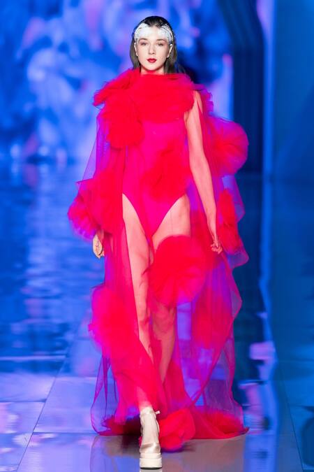 MR. Ajay Kumar Pink Net Fabric Flowers High Neck Floral Applique Maxi Dress Online at Aza Fashions MR. Ajay Kumar_Pink Net Fabric Flowers High Neck Floral Applique Maxi Dress _Online_at_Aza_Fashions