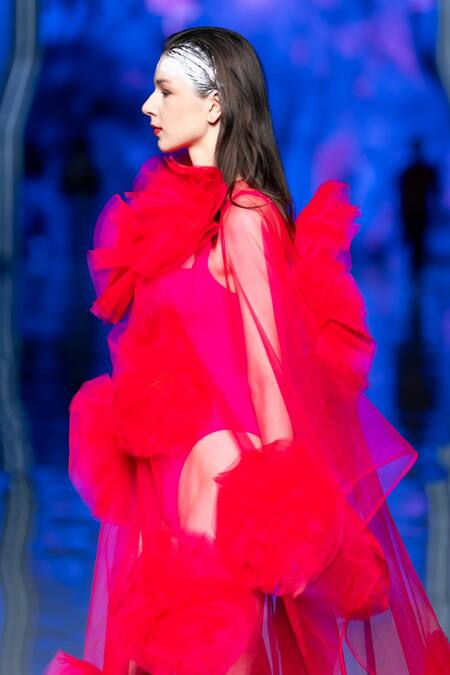 Buy MR. Ajay Kumar Pink Net Fabric Flowers High Neck Floral Applique Maxi Dress Online at Aza Fashions Buy_MR. Ajay Kumar_Pink Net Fabric Flowers High Neck Floral Applique Maxi Dress _Online_at_Aza_Fashions