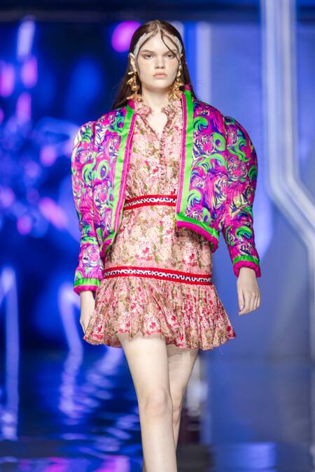 MR. Ajay Kumar Pink Cotton, Silk Embroidery Mandarin Floral Leopard Patterned Tiered Dress Online at Aza Fashions MR. Ajay Kumar_Pink Cotton, Silk Embroidery Mandarin Floral Leopard Patterned Tiered Dress _Online_at_Aza_Fashions