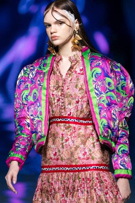 Buy MR. Ajay Kumar Pink Cotton, Silk Embroidery Mandarin Floral Leopard Patterned Tiered Dress Online at Aza Fashions Buy_MR. Ajay Kumar_Pink Cotton, Silk Embroidery Mandarin Floral Leopard Patterned Tiered Dress _Online_at_Aza_Fashions