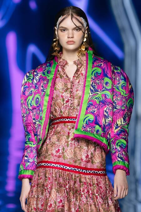 Shop MR. Ajay Kumar Pink Cotton, Silk Embroidery Mandarin Floral Leopard Patterned Tiered Dress Online at Aza Fashions Shop_MR. Ajay Kumar_Pink Cotton, Silk Embroidery Mandarin Floral Leopard Patterned Tiered Dress _Online_at_Aza_Fashions