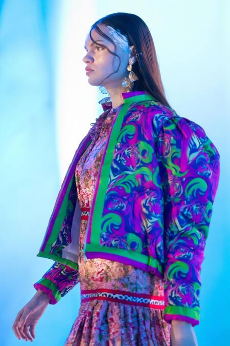 Buy_MR. Ajay Kumar_Purple Polyester Mandarin Collar Tiger Pattern Jacket _Online_at_Aza_Fashions