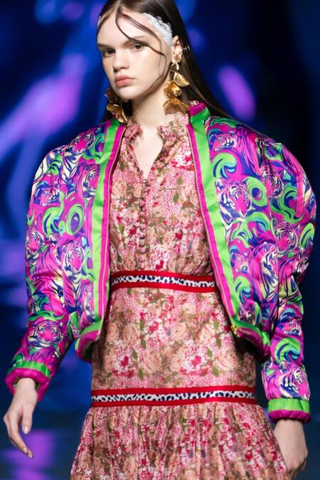 Shop_MR. Ajay Kumar_Purple Polyester Mandarin Collar Tiger Pattern Jacket _Online_at_Aza_Fashions