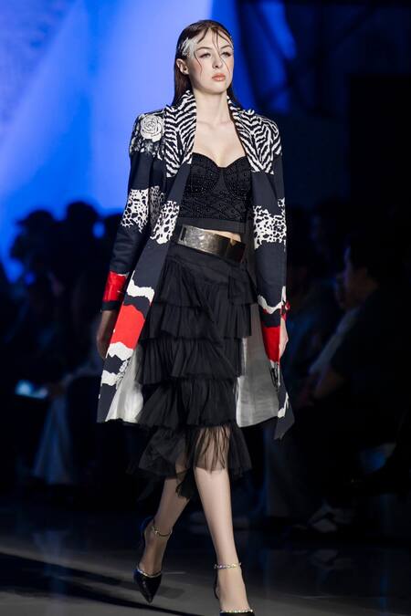 MR. Ajay Kumar_Black Cotton Collared Animal Floral Patterned Jacket _Online_at_Aza_Fashions