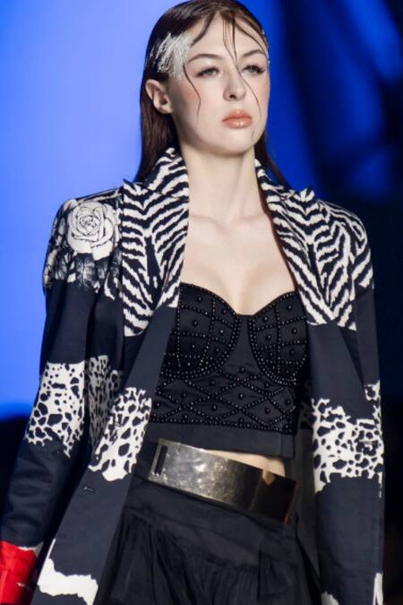 Buy_MR. Ajay Kumar_Black Cotton Collared Animal Floral Patterned Jacket _Online_at_Aza_Fashions