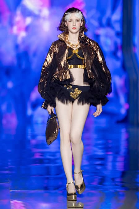 MR. Ajay Kumar_Gold Polyester Applique High Neck Copper Peplum Jacket _Online_at_Aza_Fashions