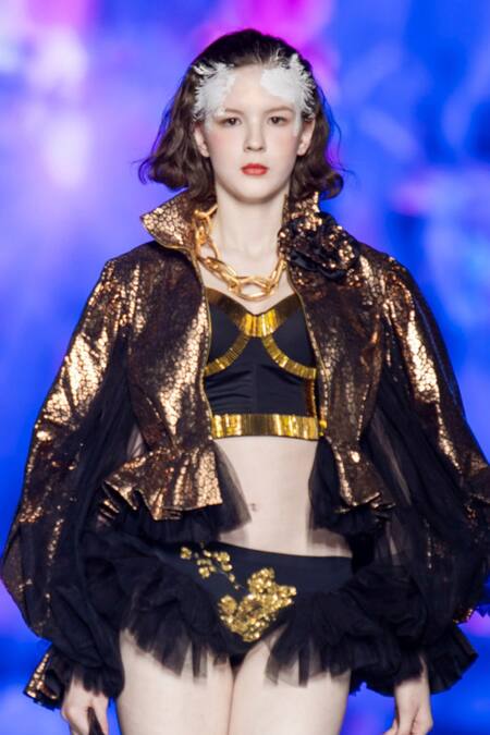 MR. Ajay Kumar_Gold Polyester Applique High Neck Copper Peplum Jacket _at_Aza_Fashions