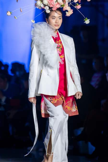 MR. Ajay Kumar_White Cotton Ruffles Collared Jacket _Online_at_Aza_Fashions