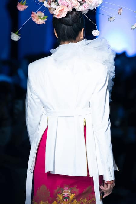 Shop_MR. Ajay Kumar_White Cotton Ruffles Collared Jacket _at_Aza_Fashions