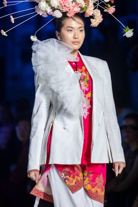 Buy_MR. Ajay Kumar_White Cotton Ruffles Collared Jacket _Online_at_Aza_Fashions