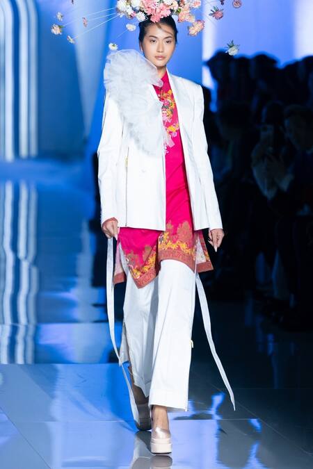 Shop_MR. Ajay Kumar_White Cotton Ruffles Collared Jacket 