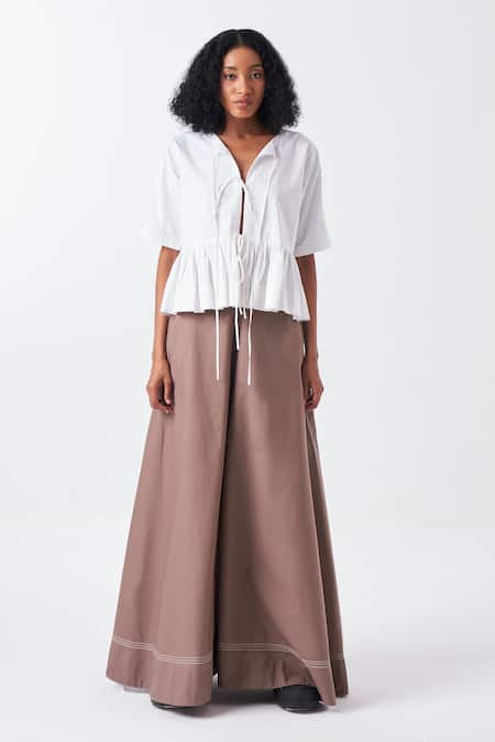 Three_Brown Poplin Cedar Wide Legged Palazzo _Online_at_Aza_Fashions