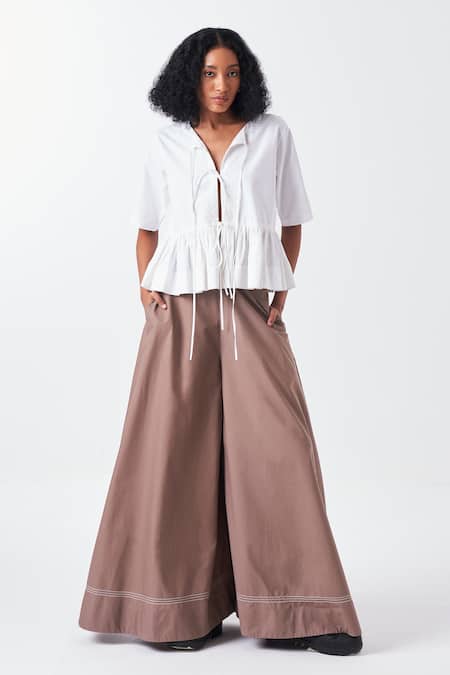 Three_Brown Poplin Cedar Wide Legged Palazzo _at_Aza_Fashions