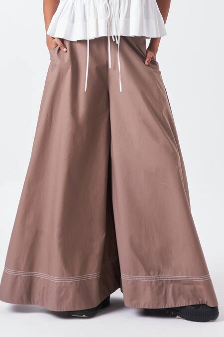 Buy_Three_Brown Poplin Cedar Wide Legged Palazzo 