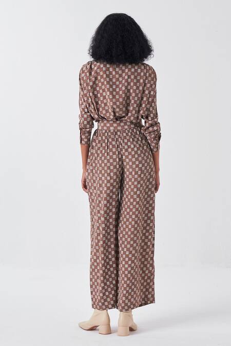 Shop_Three_Brown Silk Cedar Brick Print Palazzo _at_Aza_Fashions