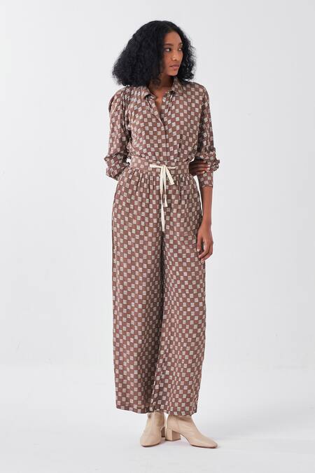 Three_Brown Silk Cedar Brick Print Palazzo _Online_at_Aza_Fashions