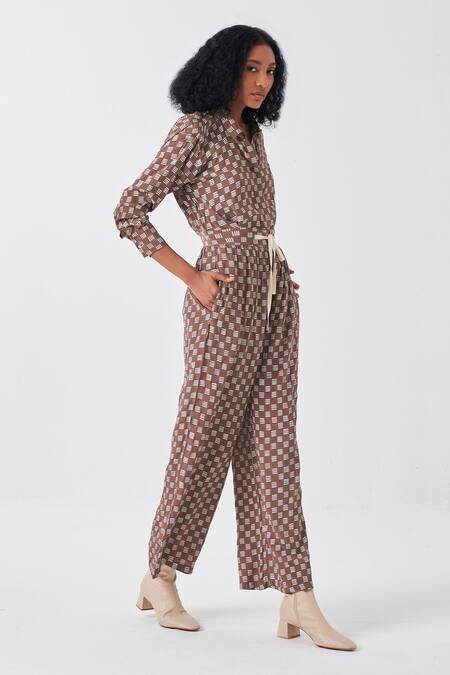 Buy_Three_Brown Silk Cedar Brick Print Palazzo _Online_at_Aza_Fashions