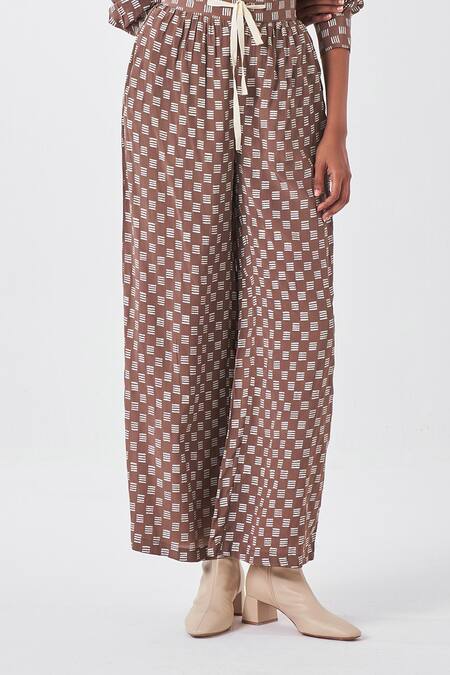 Shop_Three_Brown Silk Cedar Brick Print Palazzo _Online_at_Aza_Fashions