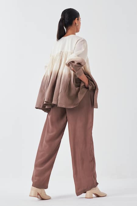 Shop_Three_Brown Silk Cedar Front Pleated Palazzo _at_Aza_Fashions