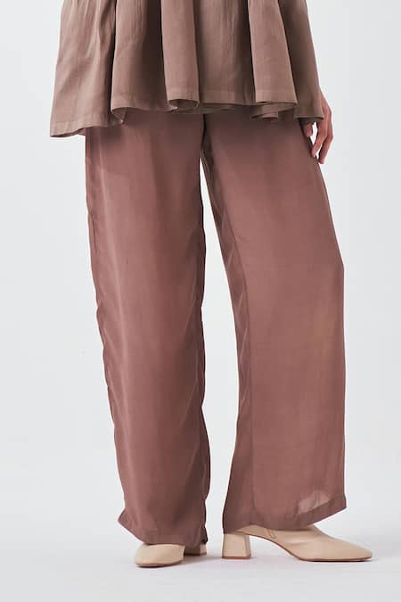 Three_Brown Silk Cedar Front Pleated Palazzo _Online_at_Aza_Fashions