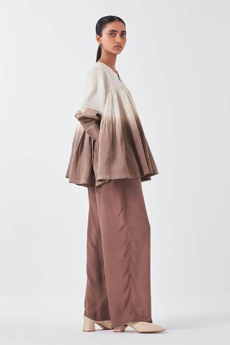 Buy_Three_Brown Silk Cedar Front Pleated Palazzo _Online_at_Aza_Fashions