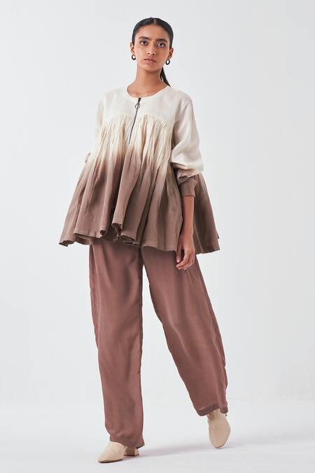 Shop_Three_Brown Silk Cedar Front Pleated Palazzo _Online_at_Aza_Fashions